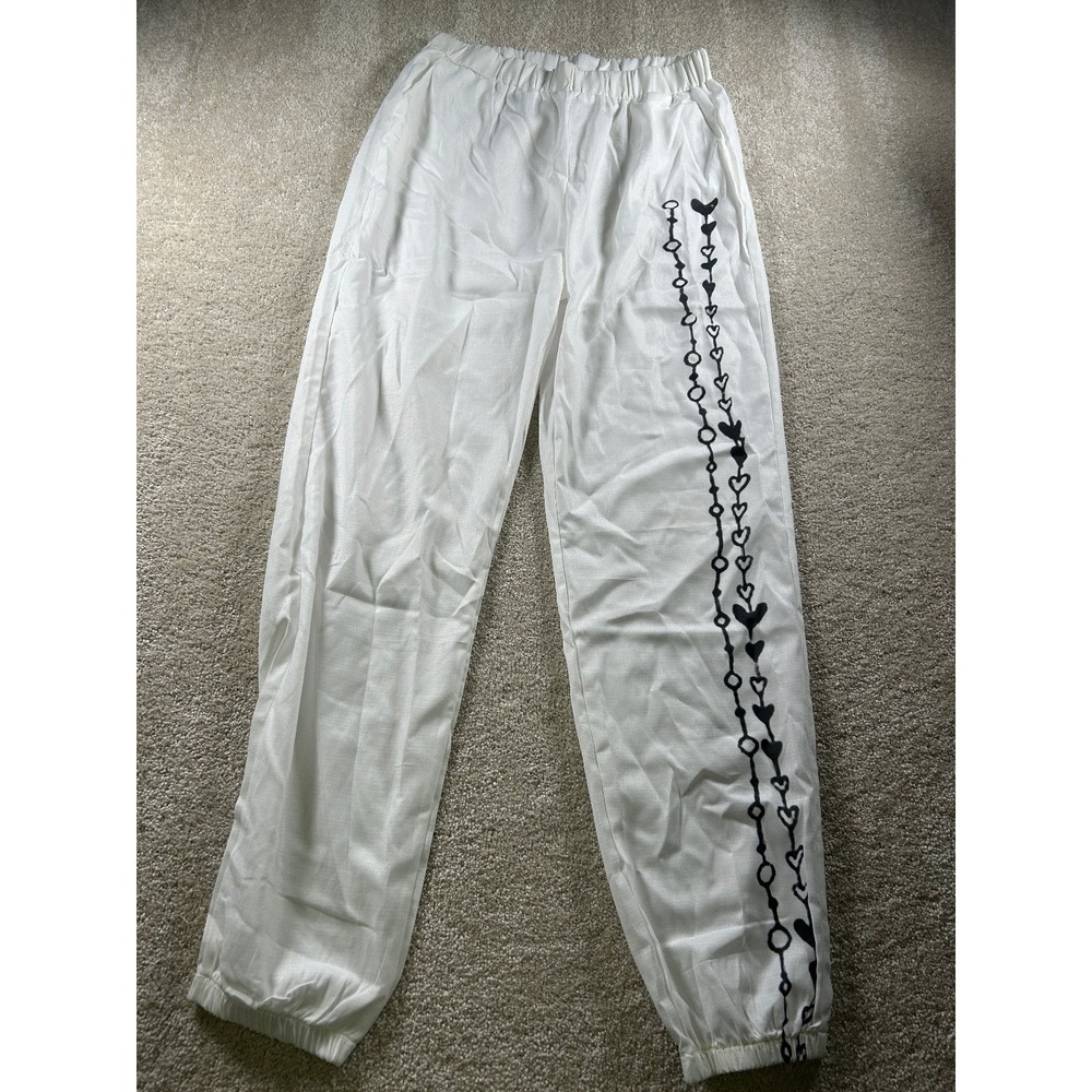 Women's White Elastic Waist Pants Medium Cotton Polyester Stretch
